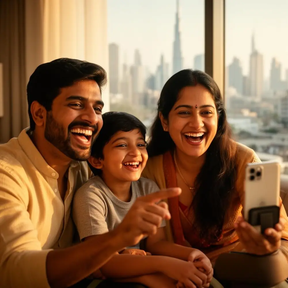 Indian family video-calling and laughing in a modern apartment with a city skyline